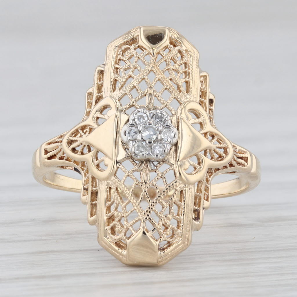 Light Gray Diamond Cluster Filigree Ring 10k Yellow Gold Size 9 Vintage Art Deco
