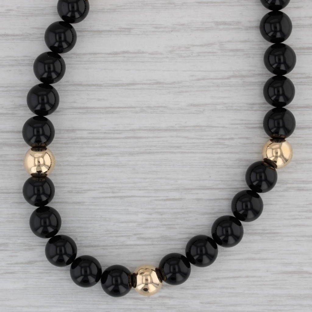 Gray Black Onyx Gold Bead Necklace 14k Yellow Gold 29" Long Strand 8mm As Is
