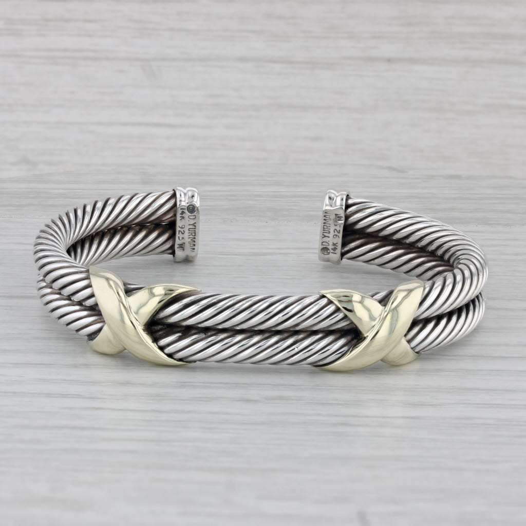 Gray David Yurman Double Cable Classic Cuff Bracelet Sterling Silver 14k Gold 6.5"