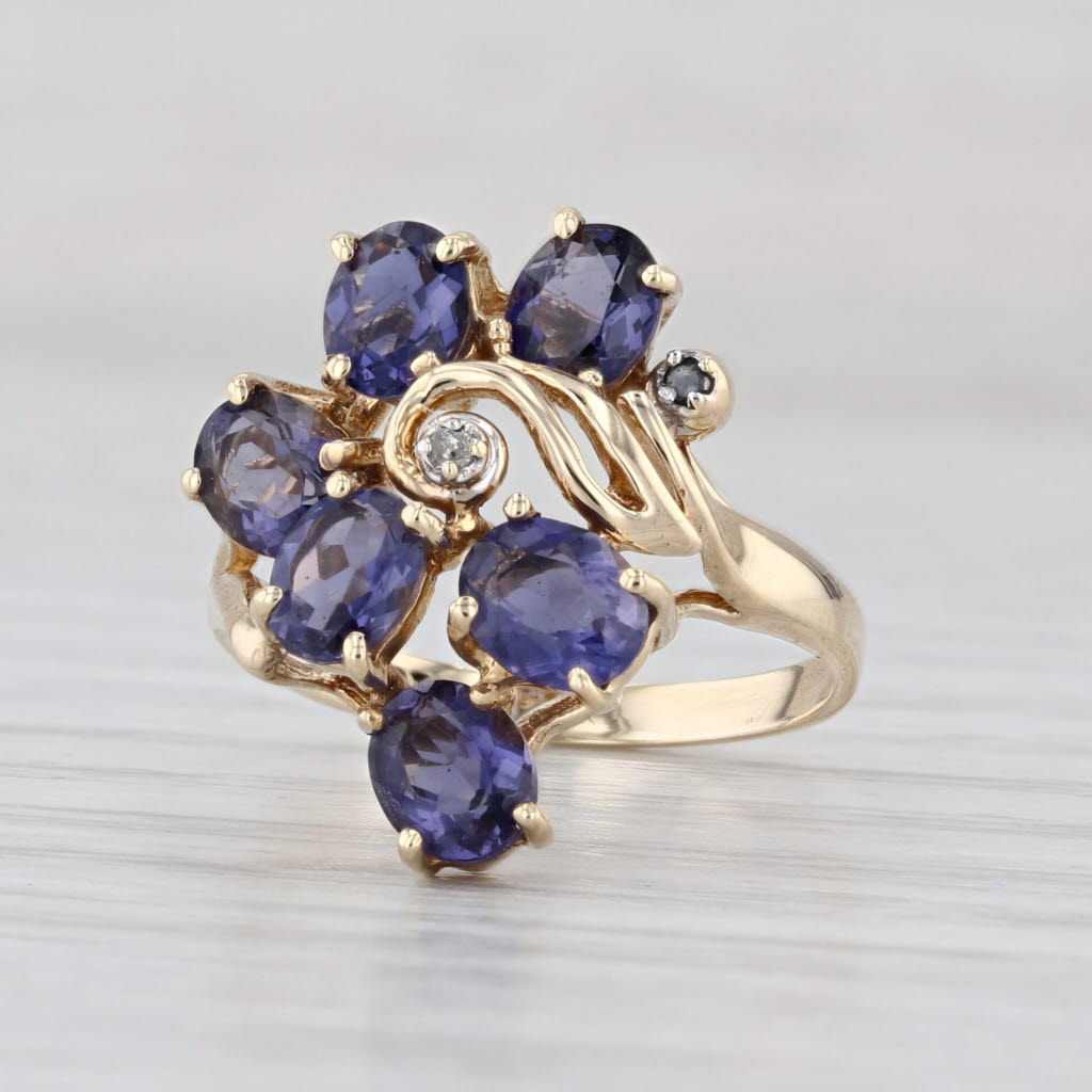 1.60ctw Blue Iolite Cluster Ring 10k Yellow Gold Size 5.25 Diamond Accents