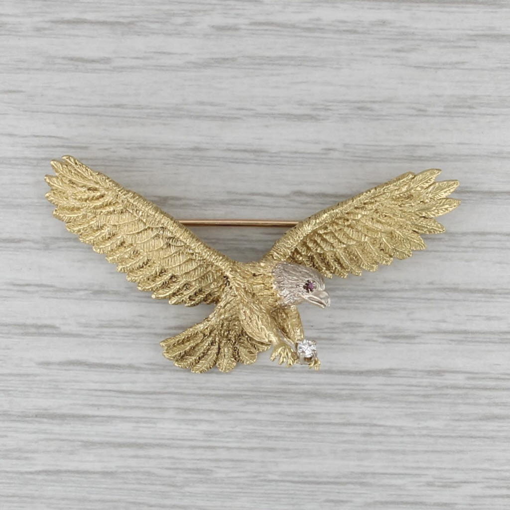 Large Ruby Diamond Eagle Brooch 18k Yellow Gold Statement Pin