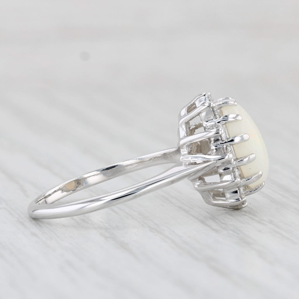 Light Gray Oval Cabochon Opal 0.36ctw Diamond Halo Ring 14k White Gold Size 7.75