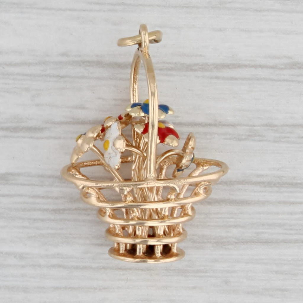 Gray Vintage Painted Flower Basket Charm 14k Yellow Gold Floral Pendant Germany