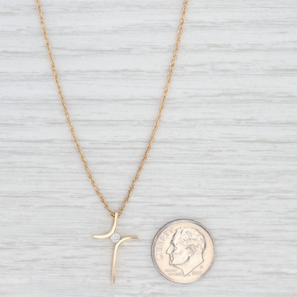 Light Gray Diamond Solitaire Cross Pendant Necklace 14k Yellow Gold 18" Rope Chain