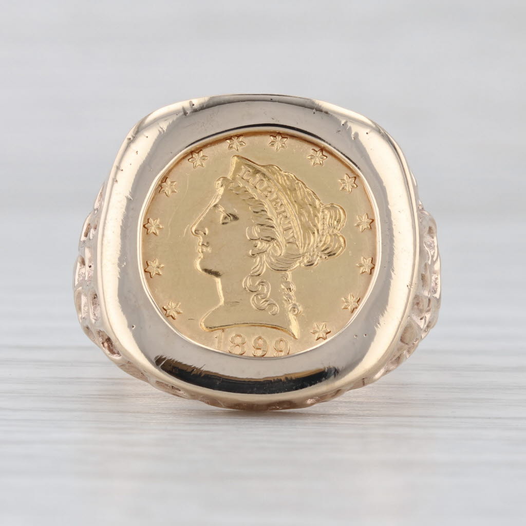 1899 $2.5 900 Gold Coin Nugget Ring 10k Yellow Gold Size 10.75 Signet