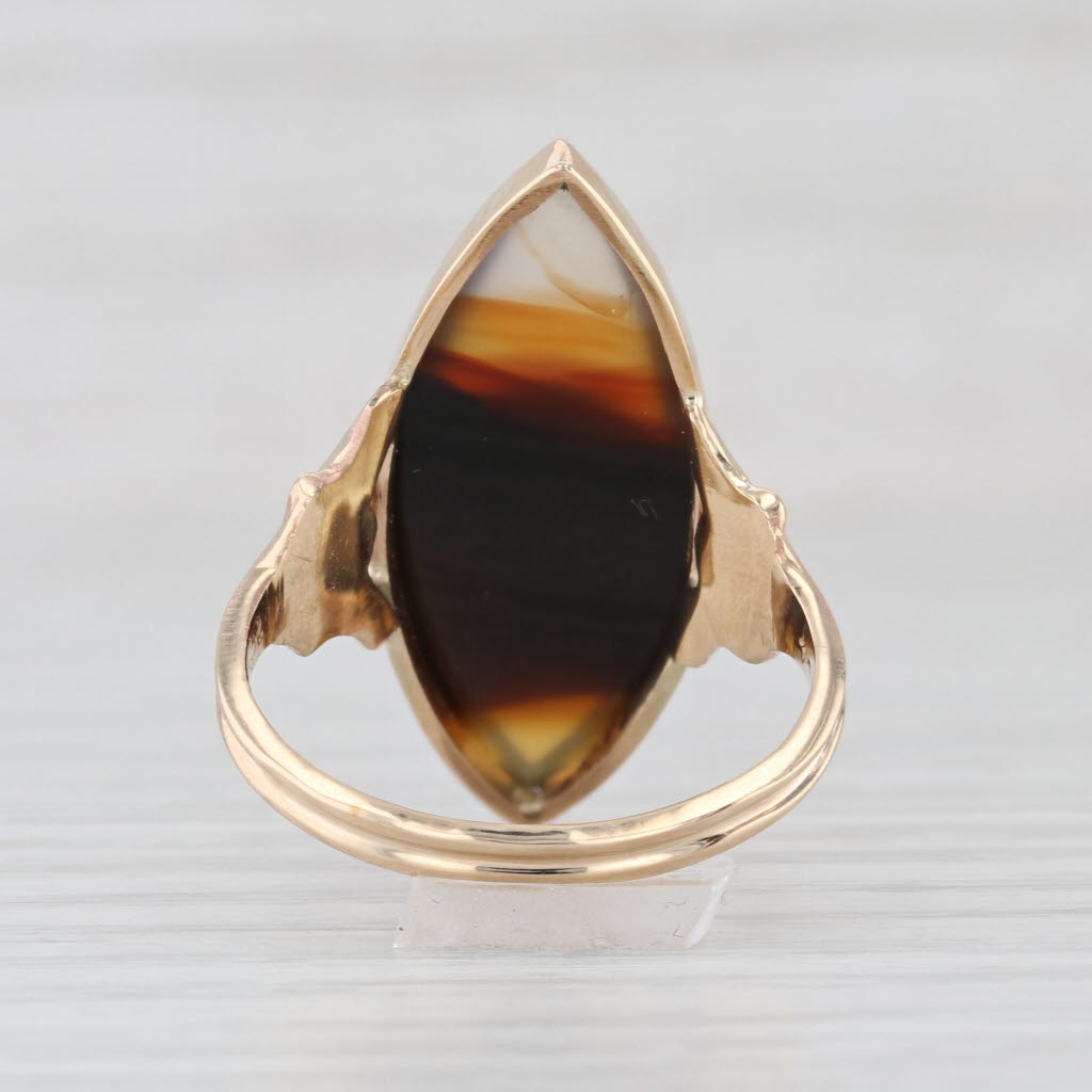 Vintage Chalcedony Agate Navette Solitaire Ring 10k Yellow Gold Size 8.5