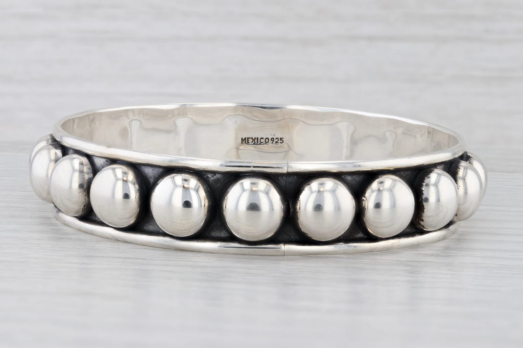 Light Gray Bead Accented Bangle Bracelet Sterling Silver Vintage Mexico 7.75" 14.3mm