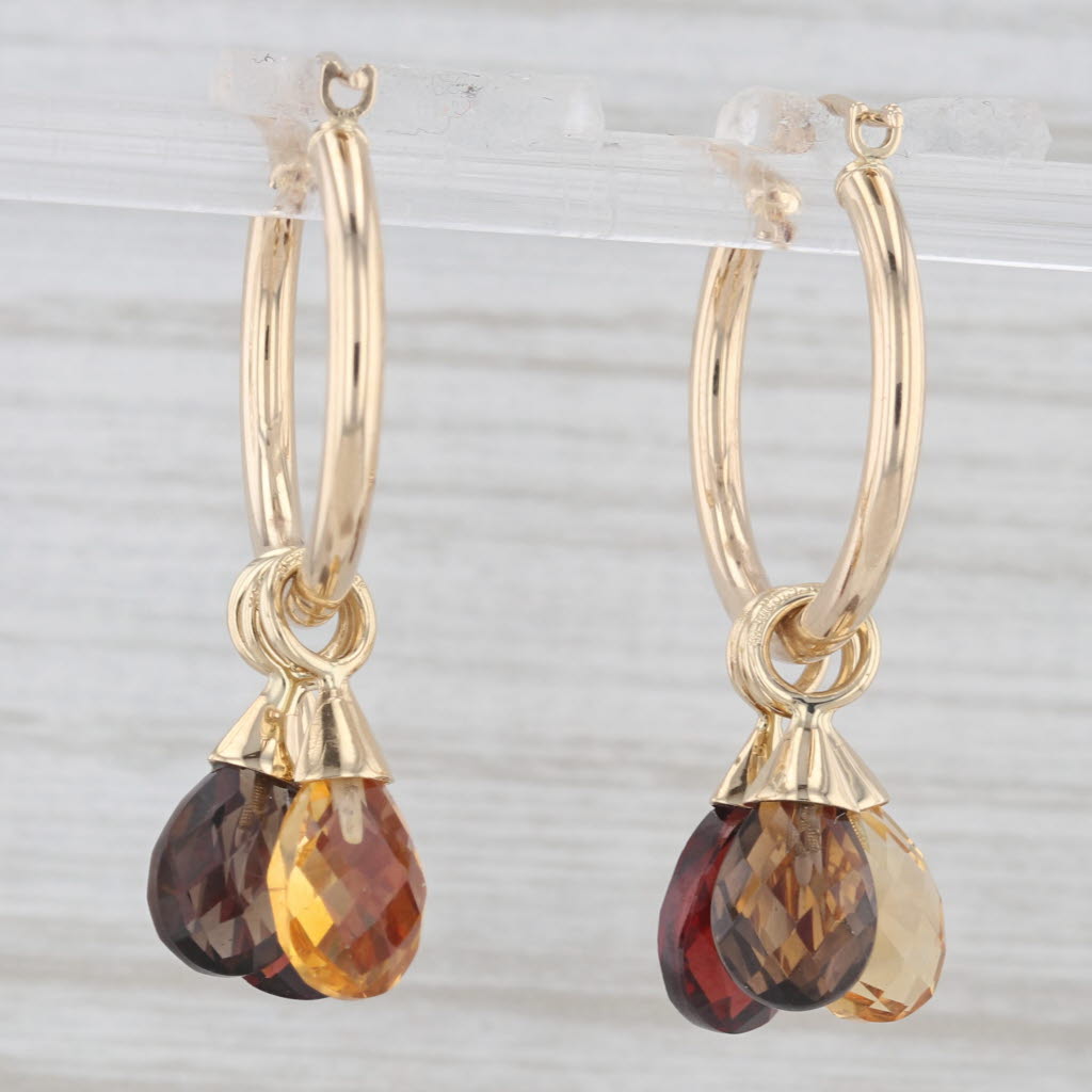 Light Gray 7.70ctw Citrine Quartz Garnet Briolette Dangle Hoop Earrings 14k Yellow Gold