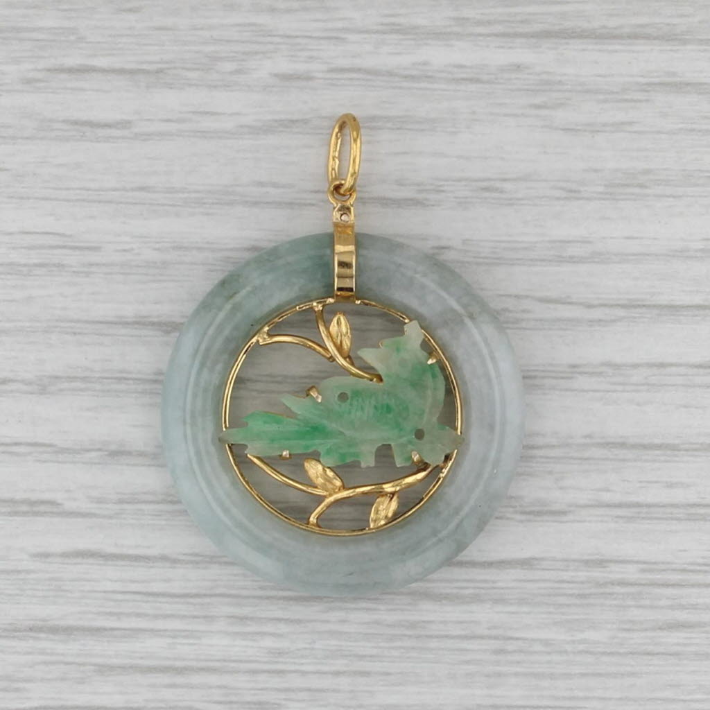 Green Jadeite Jade Carved Bird Hololith Pendant 14k Yellow Gold Vintage Asian