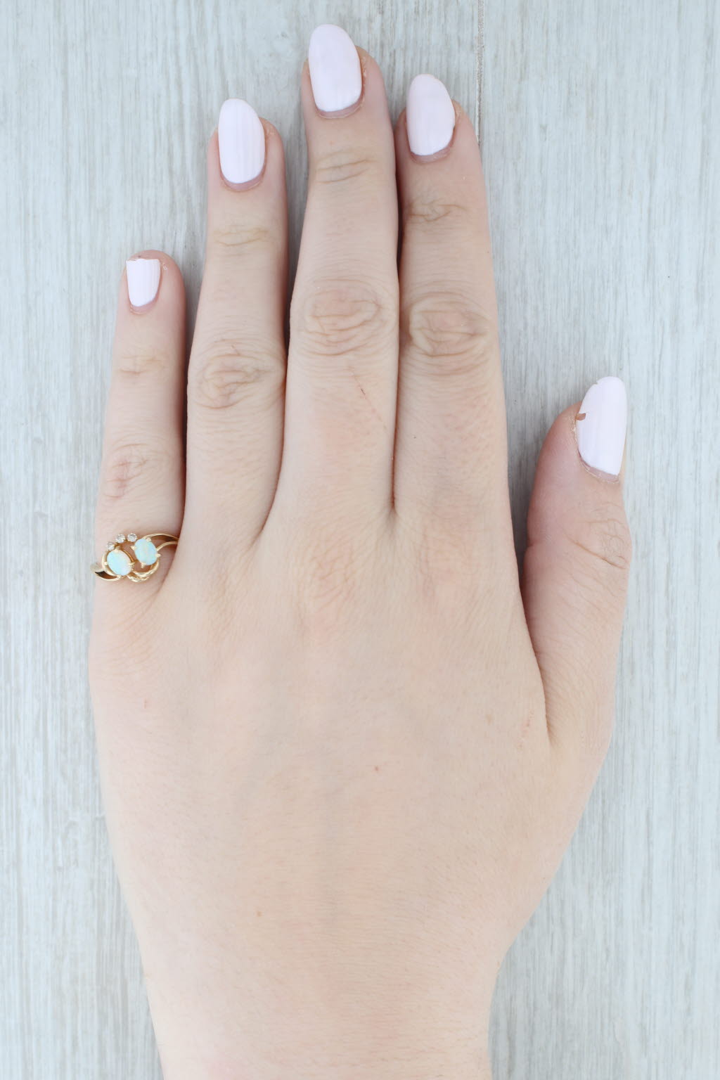 Light Gray Oval Opal Cabochon Ring 14k Yellow Gold Size 6.5 Diamond Accents