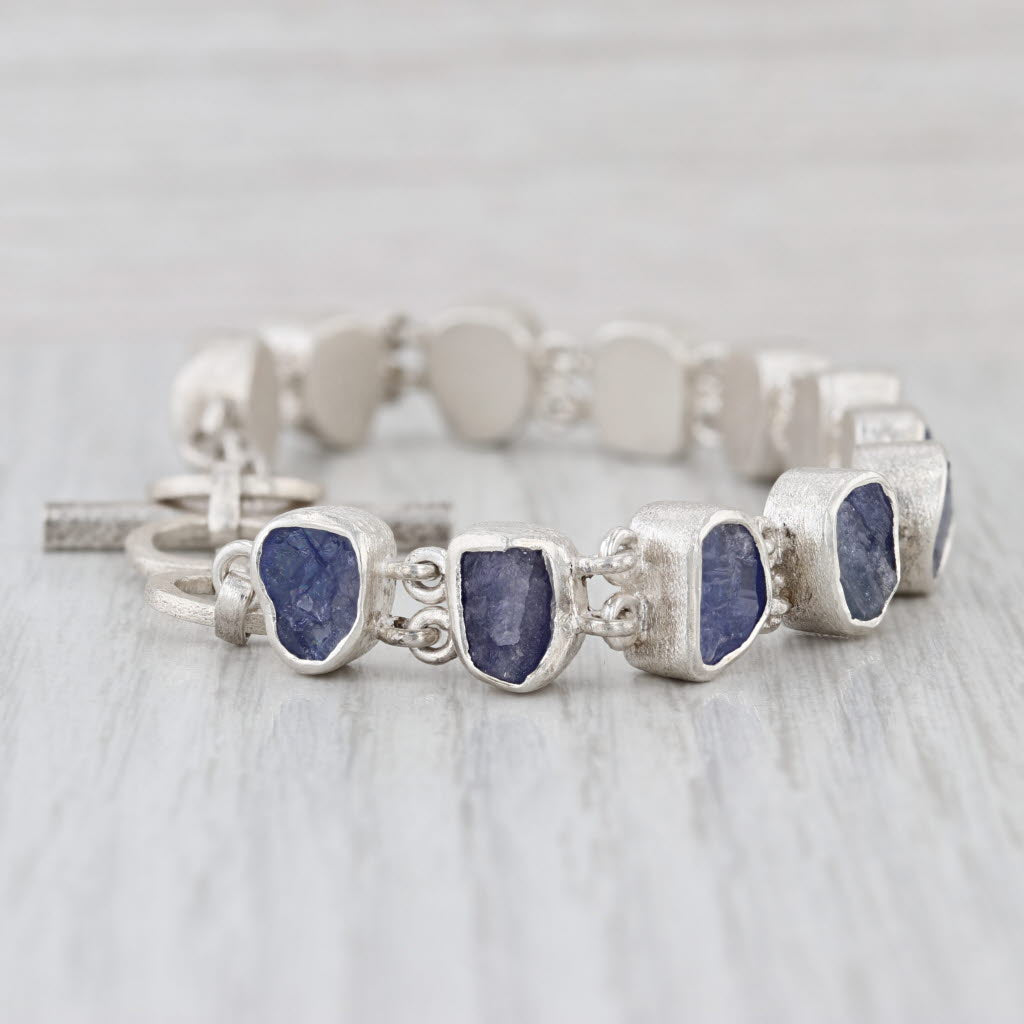 Rough Cut Purple Iolite Chain Bracelet Sterling Silver 6.5" 7" 7.5" Toggle Clasp