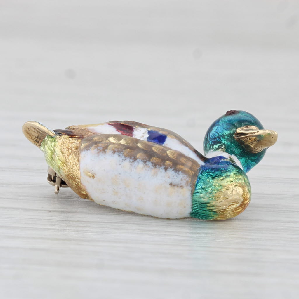 Light Gray Mallard Duck Pin 14k Yellow Gold Vibrant Enamel Vintage Brooch
