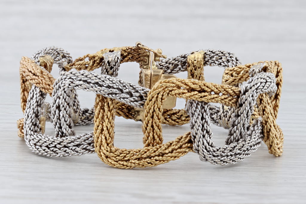 Light Gray Cartier Woven Yellow White Gold Bracelet w/ Box 18k 6.75" Designer Statement
