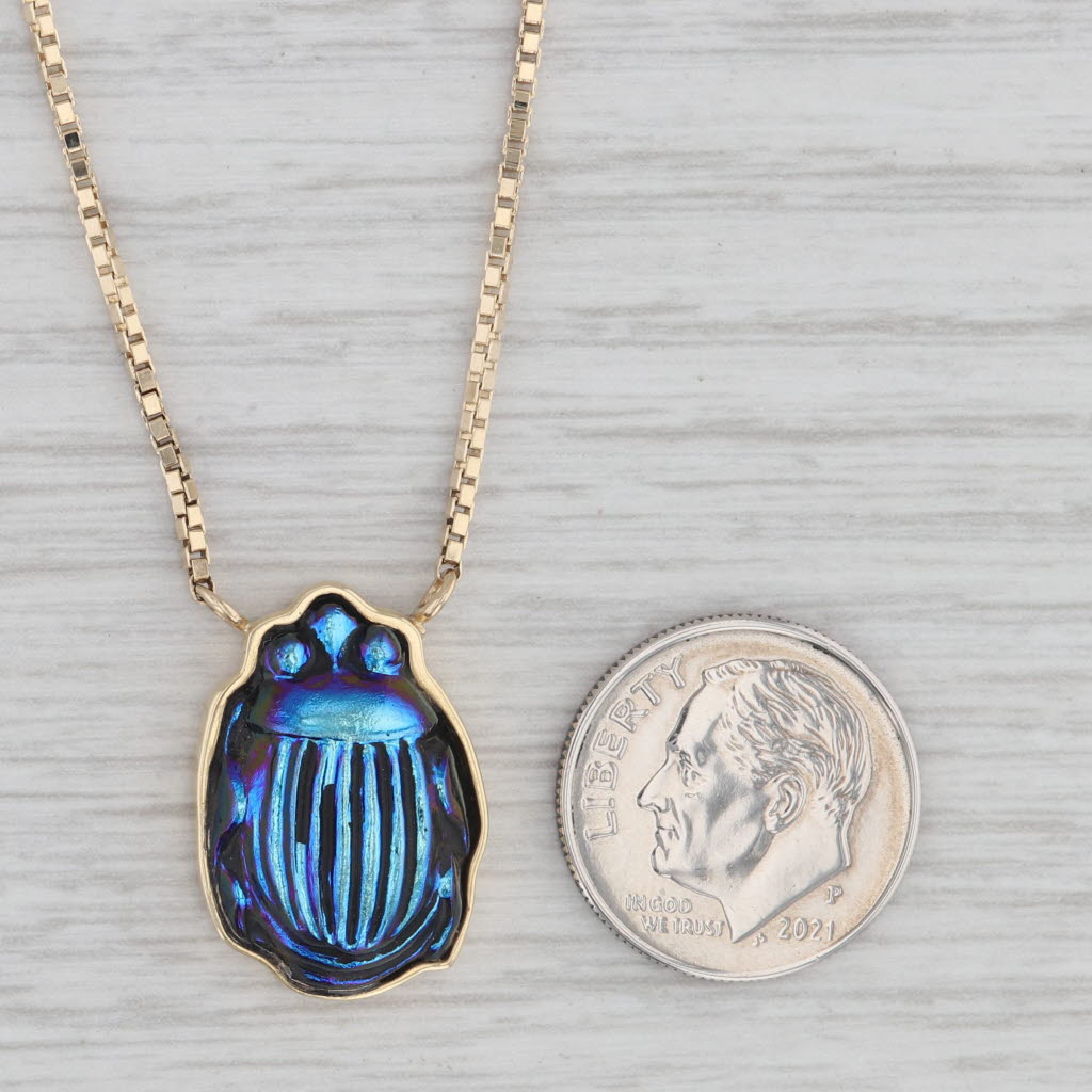 Gray Carved Glass Rainforest Jewel Beetle Pendant Necklace 14k Gold 18.75" Box Chain