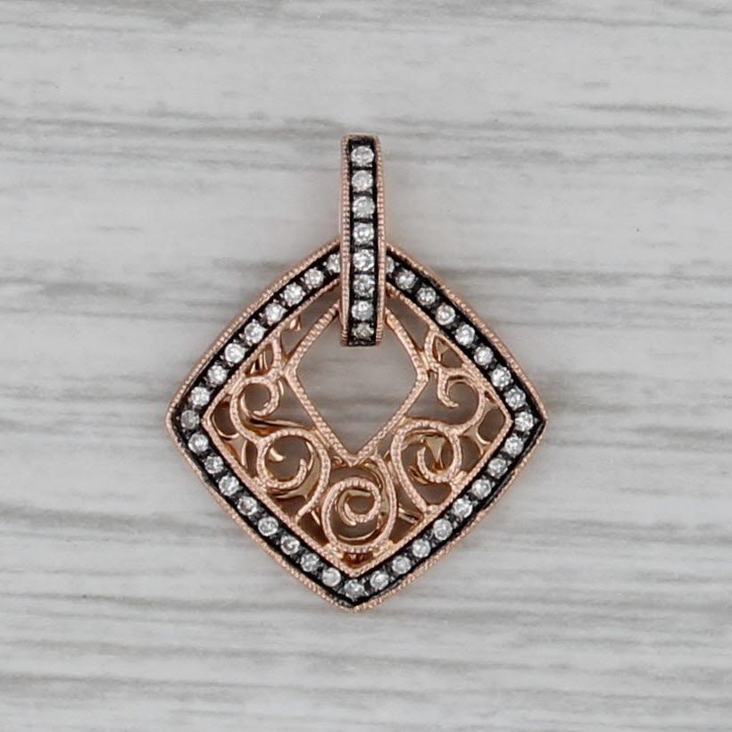 0.15ctw Diamond Framed Scrollwork Pendant 14k Rose Gold Small Drop