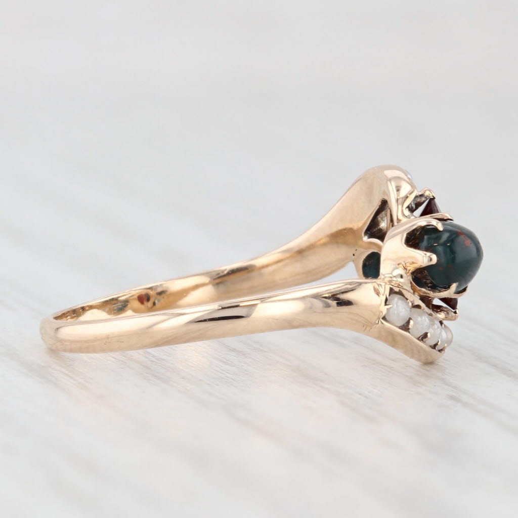 Light Gray Victorian Pearl Bloodstone Garnet Bypass Ring 10k Yellow Gold Size 6.75