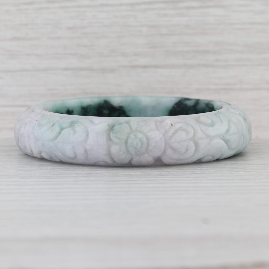 Marbled Green Floral Carved Jadeite Jade Bangle Bracelet 7” 14.2mm Stackable