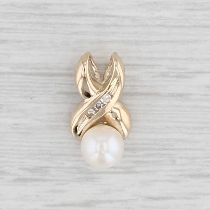 Light Gray Cultured Pearl Diamond Pendant 14k Yellow Gold Small Drop