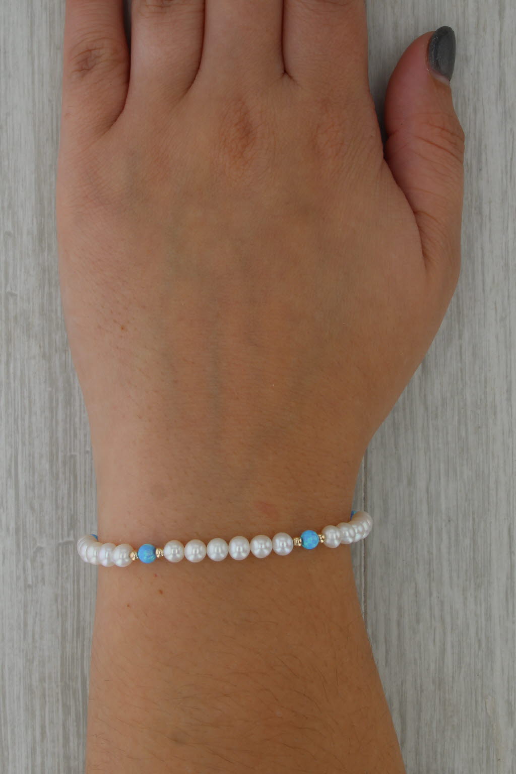 Cultured Pearl Lab Created Opal Bead Bracelet 14k Yellow Gold 7" Stretchy Band