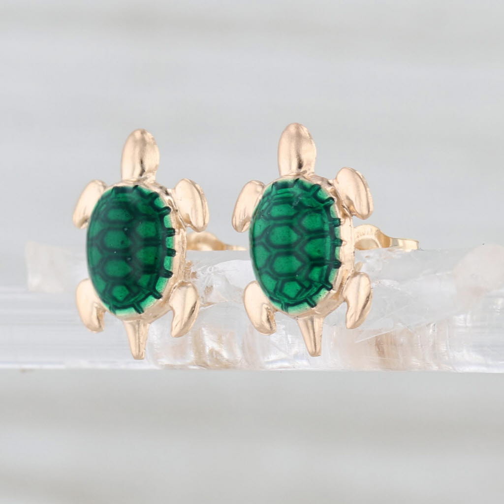 Small Turtle Stud Earrings 14k Yellow Gold Green Enamel Studs