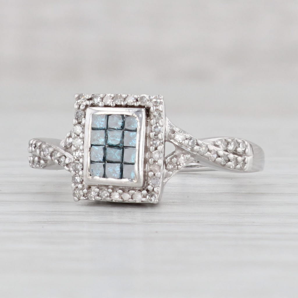 Light Gray 0.44ctw Princess Blue White Diamond Halo Ring 10k White Gold Sz 9.25 Engagement