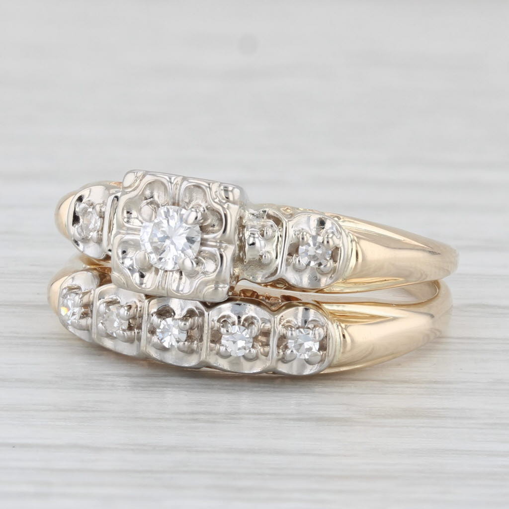 Light Gray Vintage 0.20ctw Diamond Engagement Ring Wedding Bridal Set 14k Gold Size 8.25