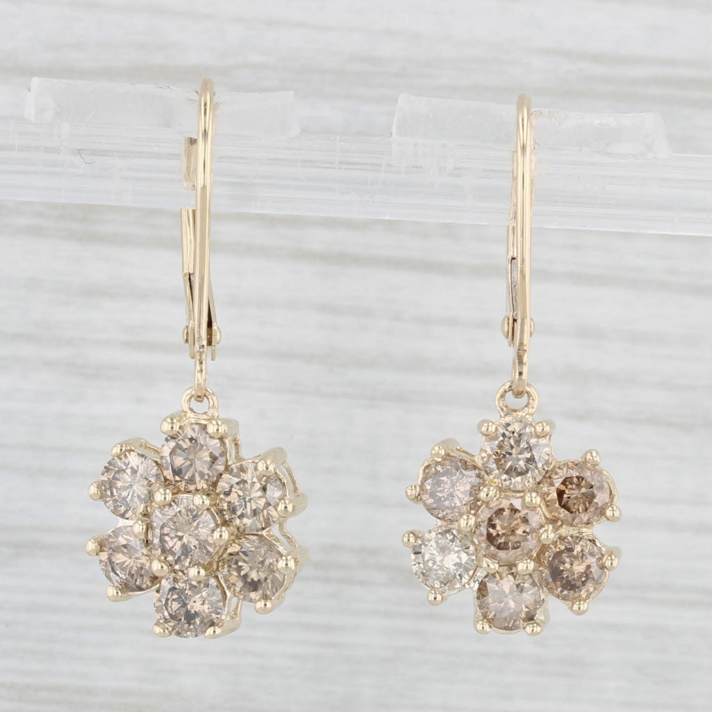 Light Gray 1.80ctw Champagne Diamond Flower Dangle Earrings 14k Yellow Gold