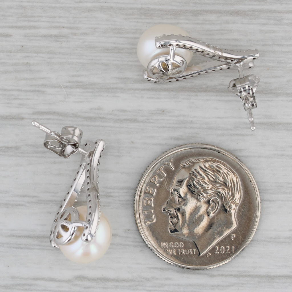 Gray New Cultured Pearl White Topaz Drop Earrings 10k White Gold