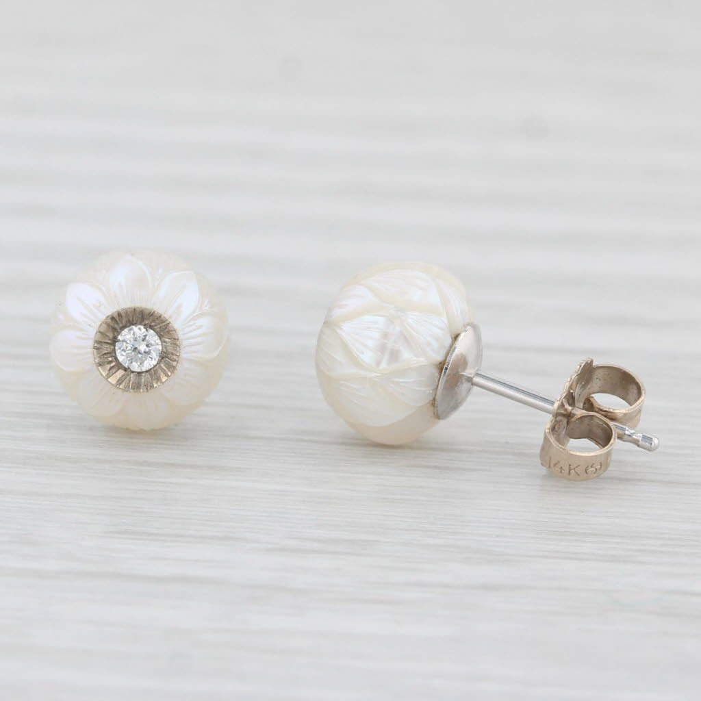 Light Gray New Cultured Pearl Carved Flower Diamond Stud Earrings 14k White Gold Galatea
