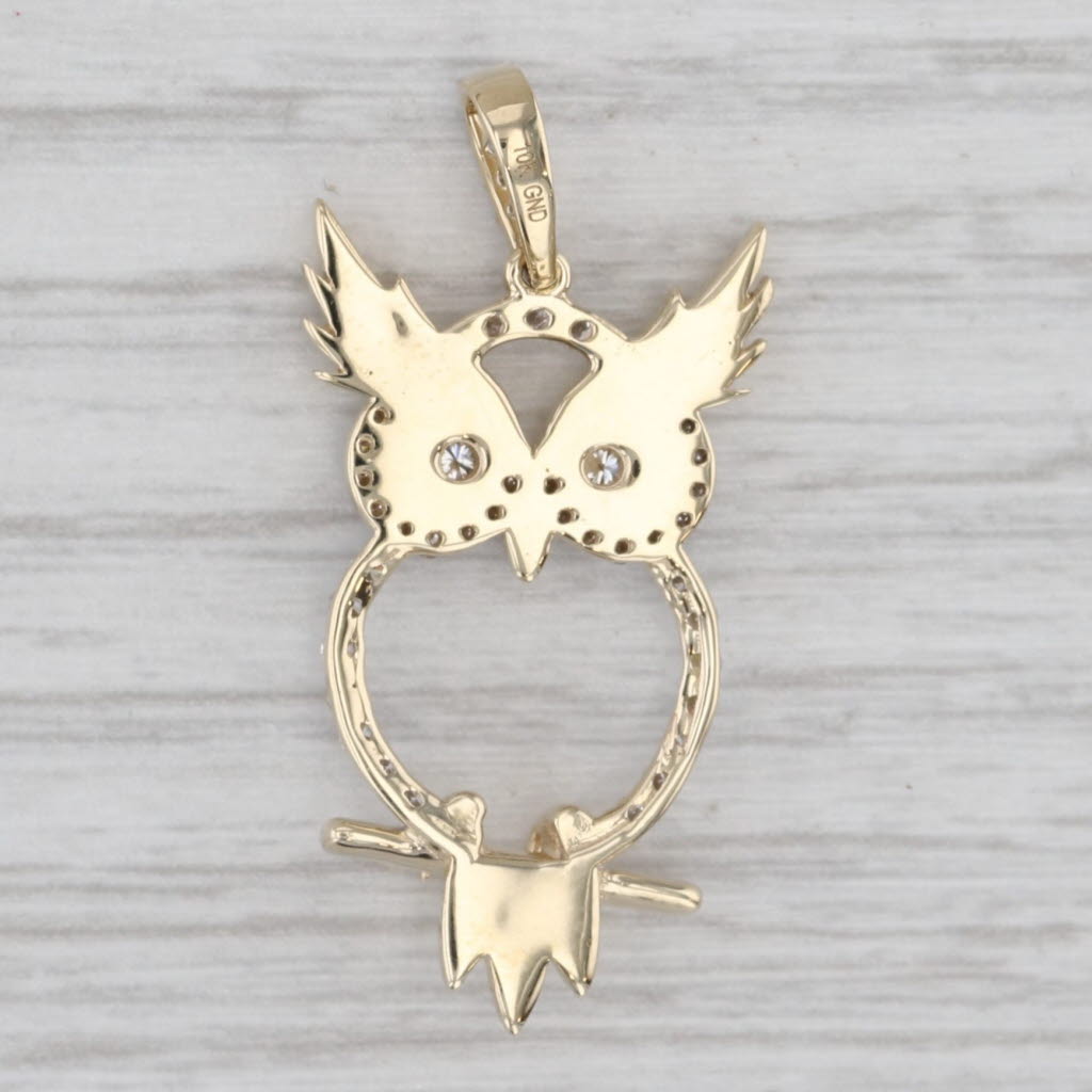 Light Gray 0.30ctw Diamond Accented Owl Pendant 10k Yellow Gold