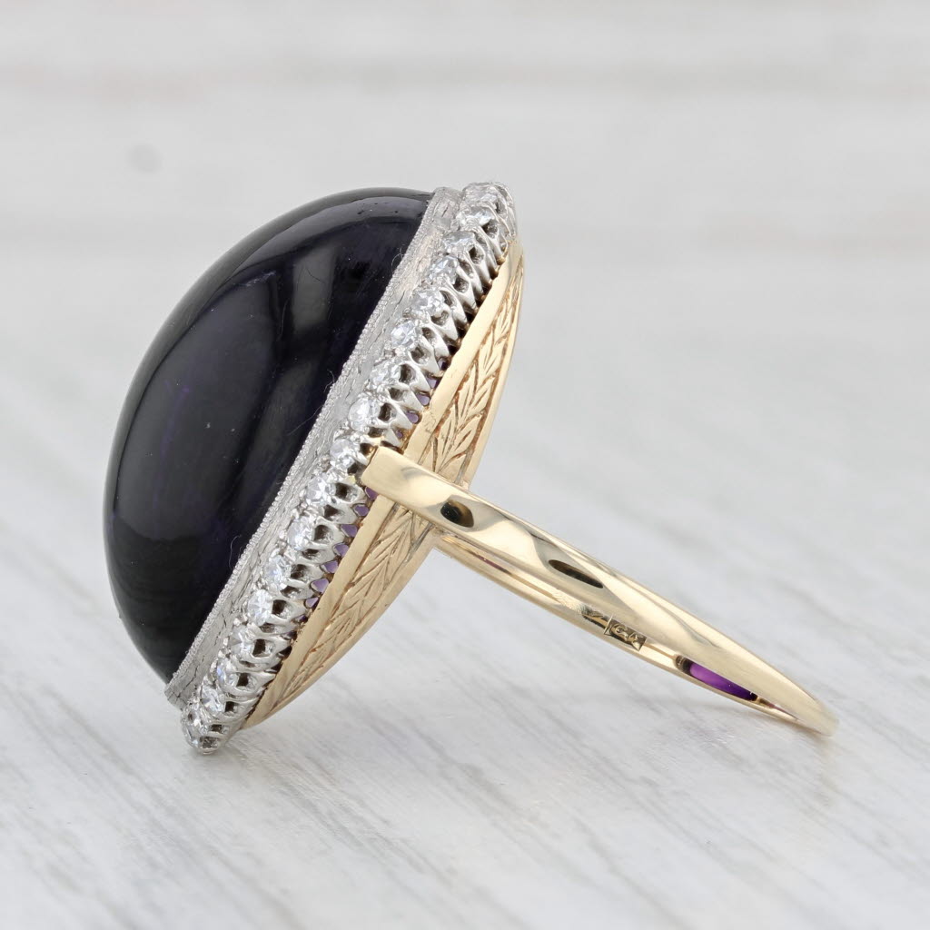 Light Gray Vintage Amethyst Cabochon Diamond Halo Cocktail Ring 14k Yellow Gold Platinum