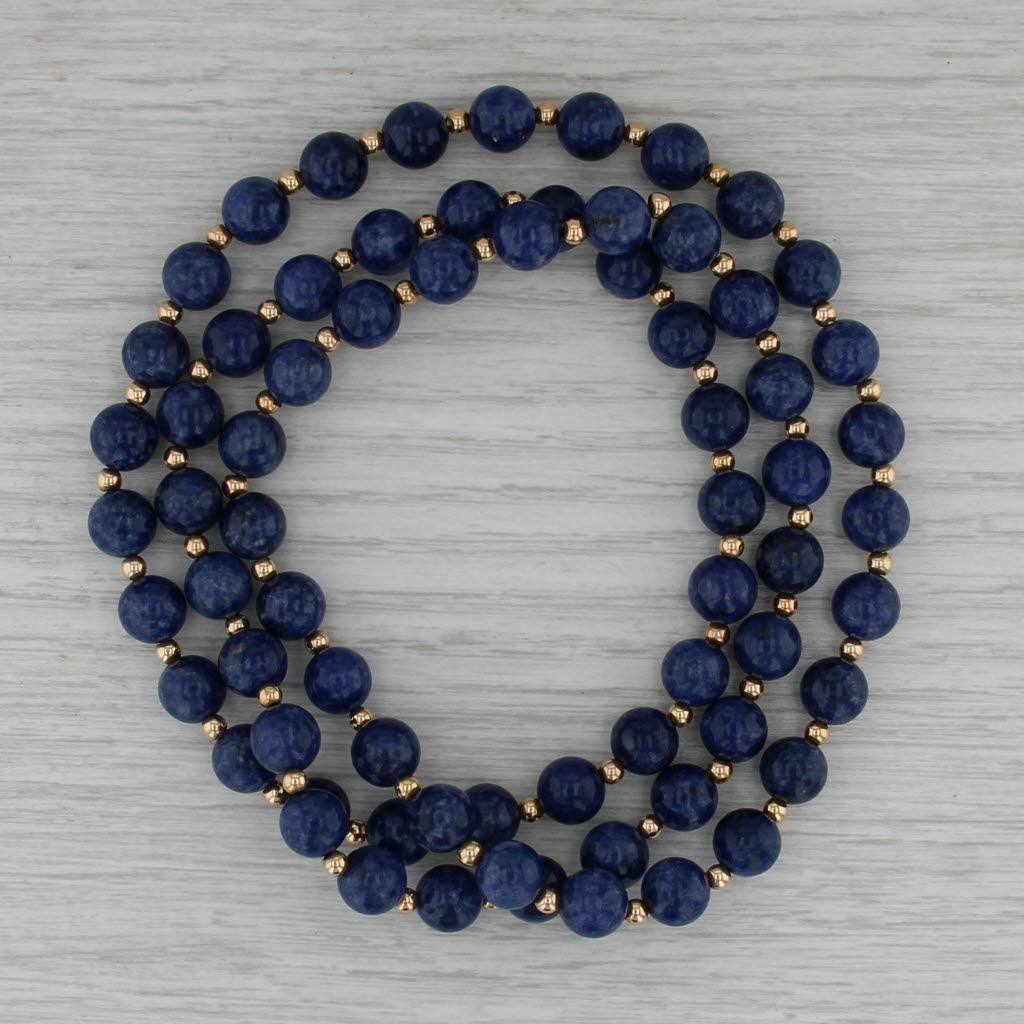 Blue Sodalite Beaded Single Strand Necklace 14k Gold 29.25" Long Layering