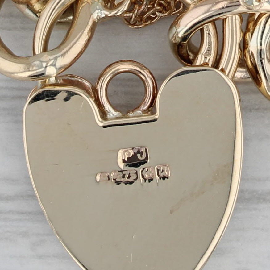 Dark Gray Heart Padlock Charm Curb Chain Bracelet 9k Yellow Gold 7.5"