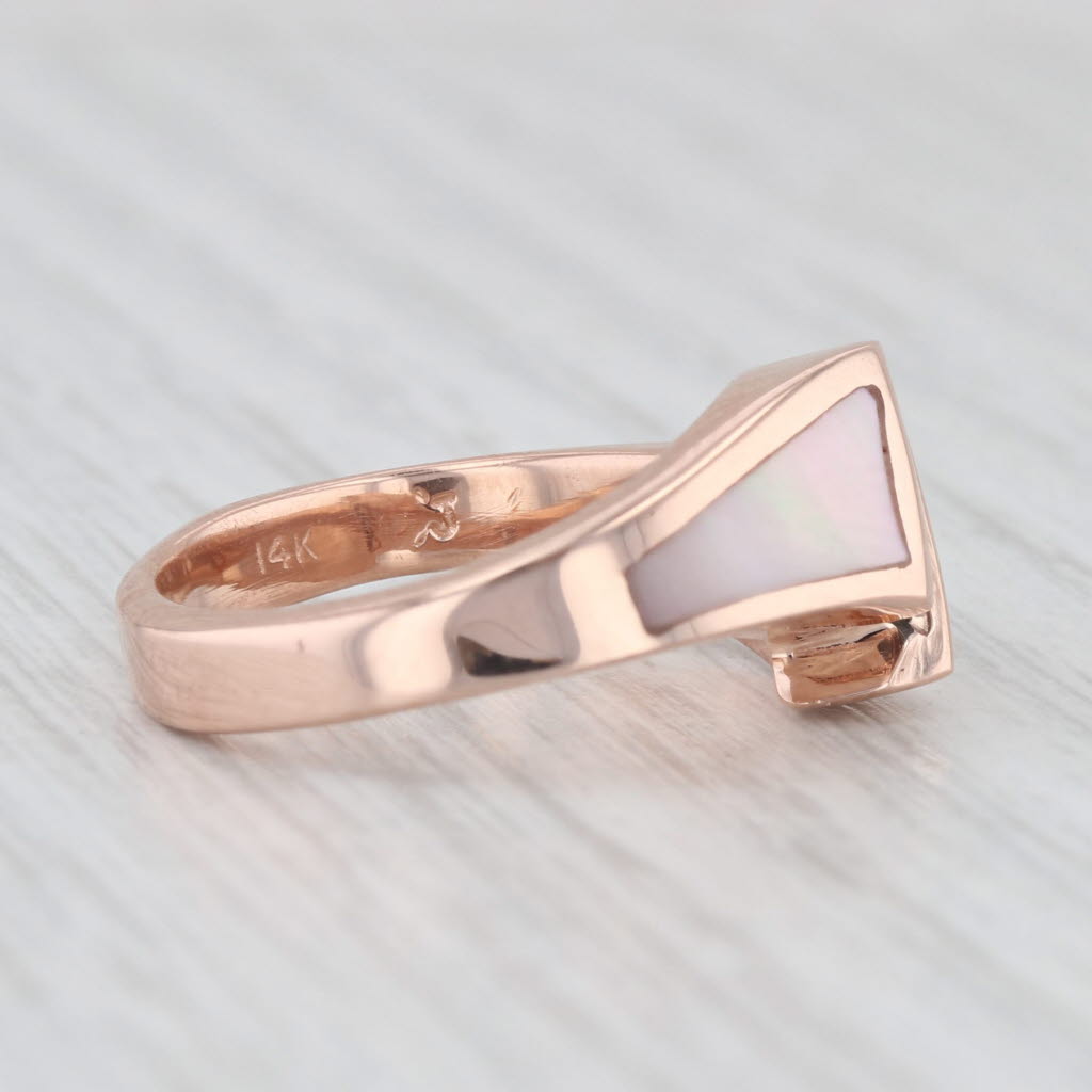 Light Gray Mother of Pearl Blue Diamond Bypass Ring 14k Rose Gold Size 6.5