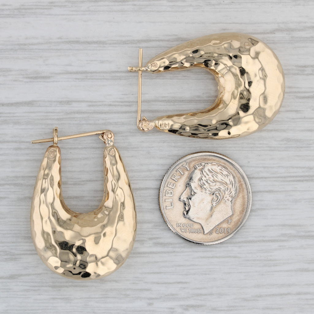 Gray Hammered Oval HoopEarrings 14k Yellow Gold Round Snap Top Hoops