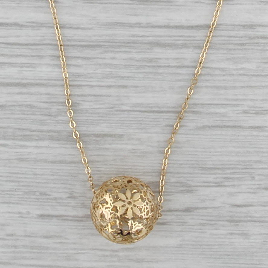 Openwork Flower Bead Pendant Necklace 14k Yellow Gold 16" Cable Chain