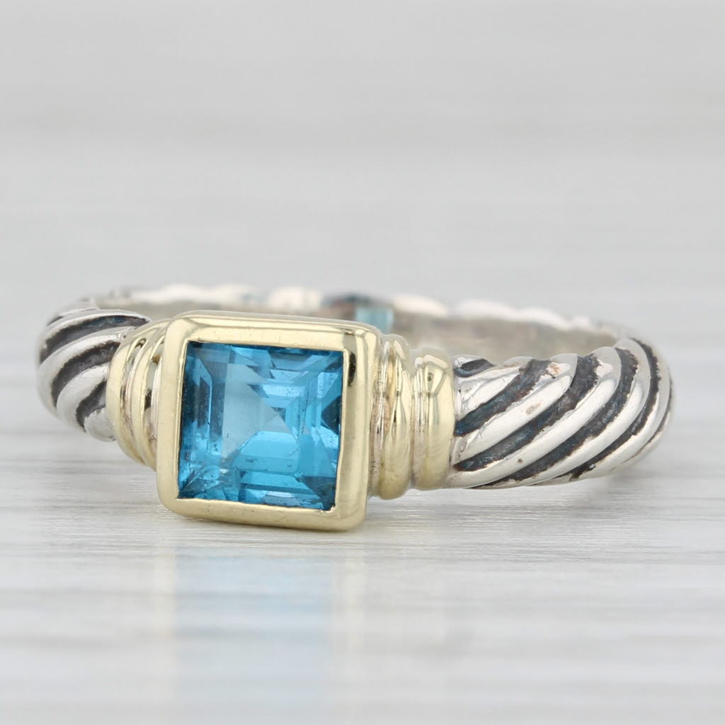 Light Gray 0.80ct Blue Topaz Cable Ring Sterling Silver 14k Gold Size 5.75