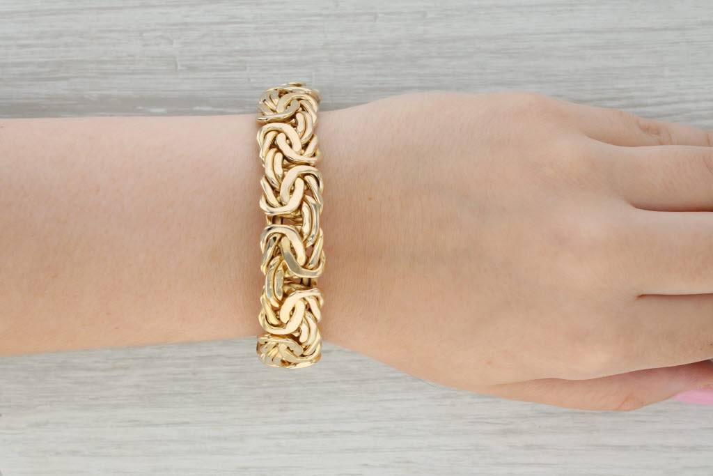 Tan 6.75" Byzantine Bracelet 14k Yellow Gold Statement 17mm
