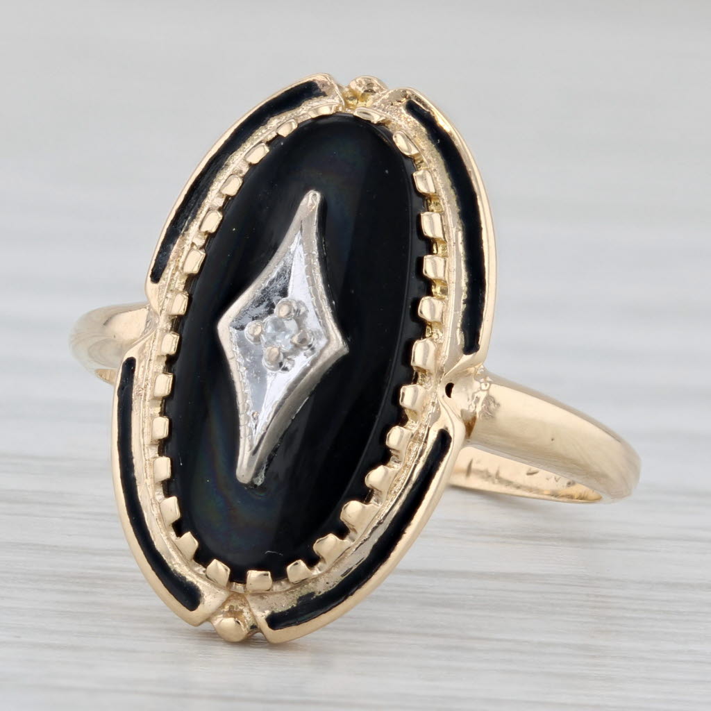 Light Gray Vintage Oval Onyx Diamond Signet Ring 10k Yellow Gold Size 8
