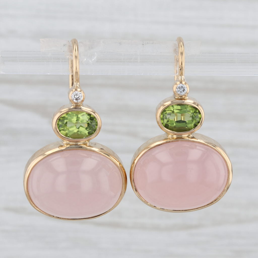 Rose Quartz Peridot Drop Earrings 18k Yellow Gold Hook Posts
