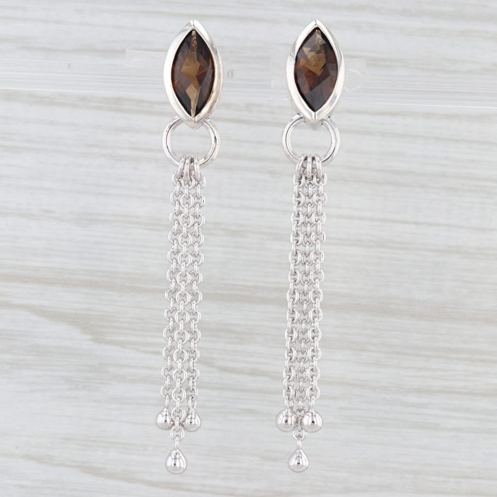 Light Gray 4.26ctw Smokey Quartz Chain Fringe Dangle Earrings Sterling Silver Drops