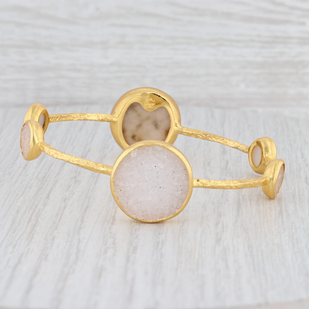New Nina Wynn Bangle Bracelet 8" Druzy Quartz 22k Gold Vermeil Sterling Silver