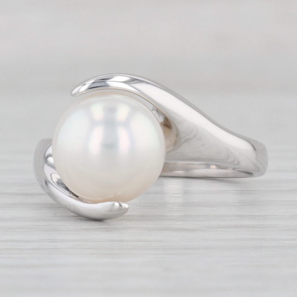 Light Gray 9mm Cultured Pearl Solitaire Bypass Ring 14k White Gold Size 6.25