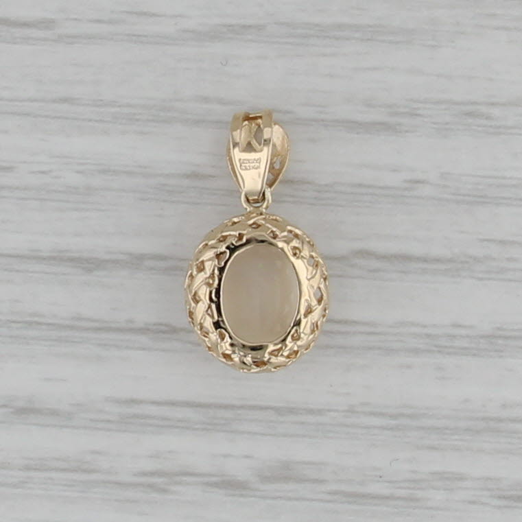 Oval Opal Cabochon Solitaire Pendant 14k Yellow Gold Basketweave Drop