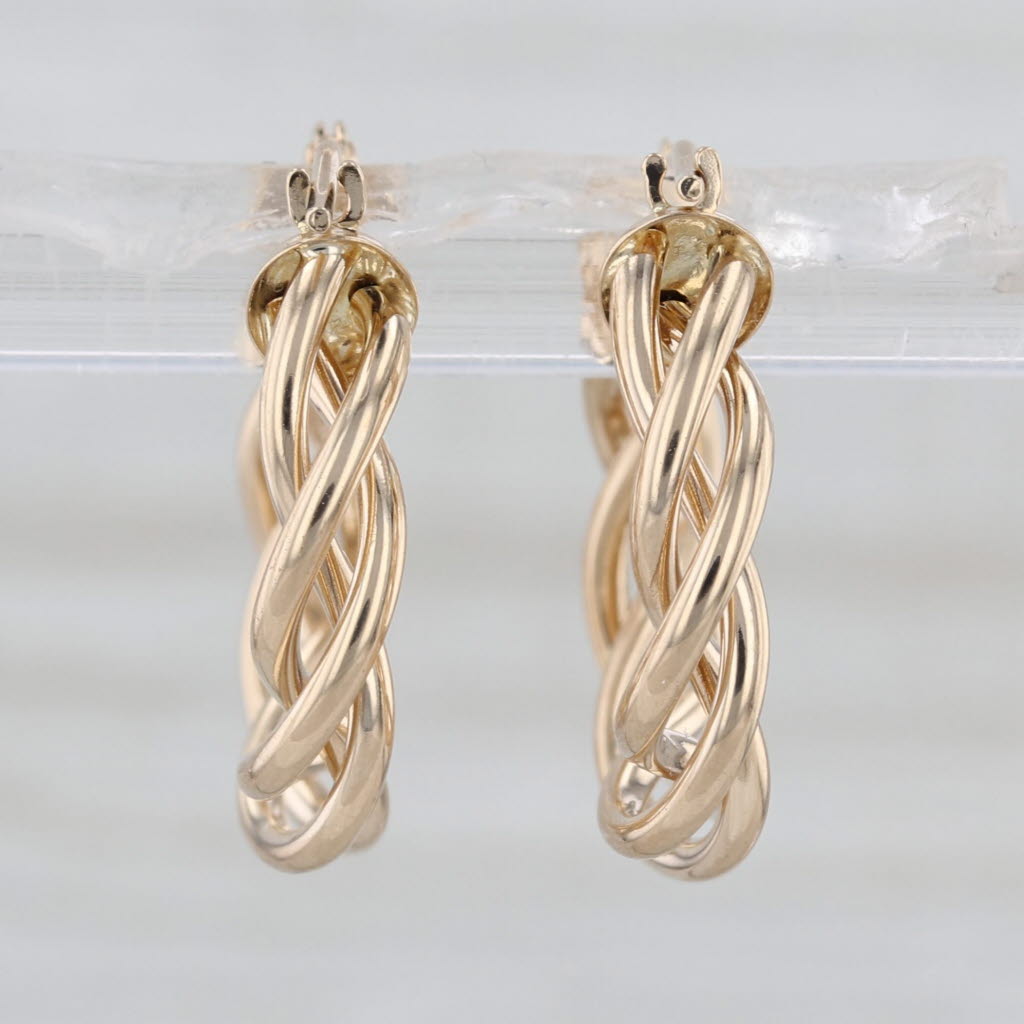 Triple Twist Hoop Earrings 14k Yellow Gold Snap Top Round Huggie Twisted Hoops