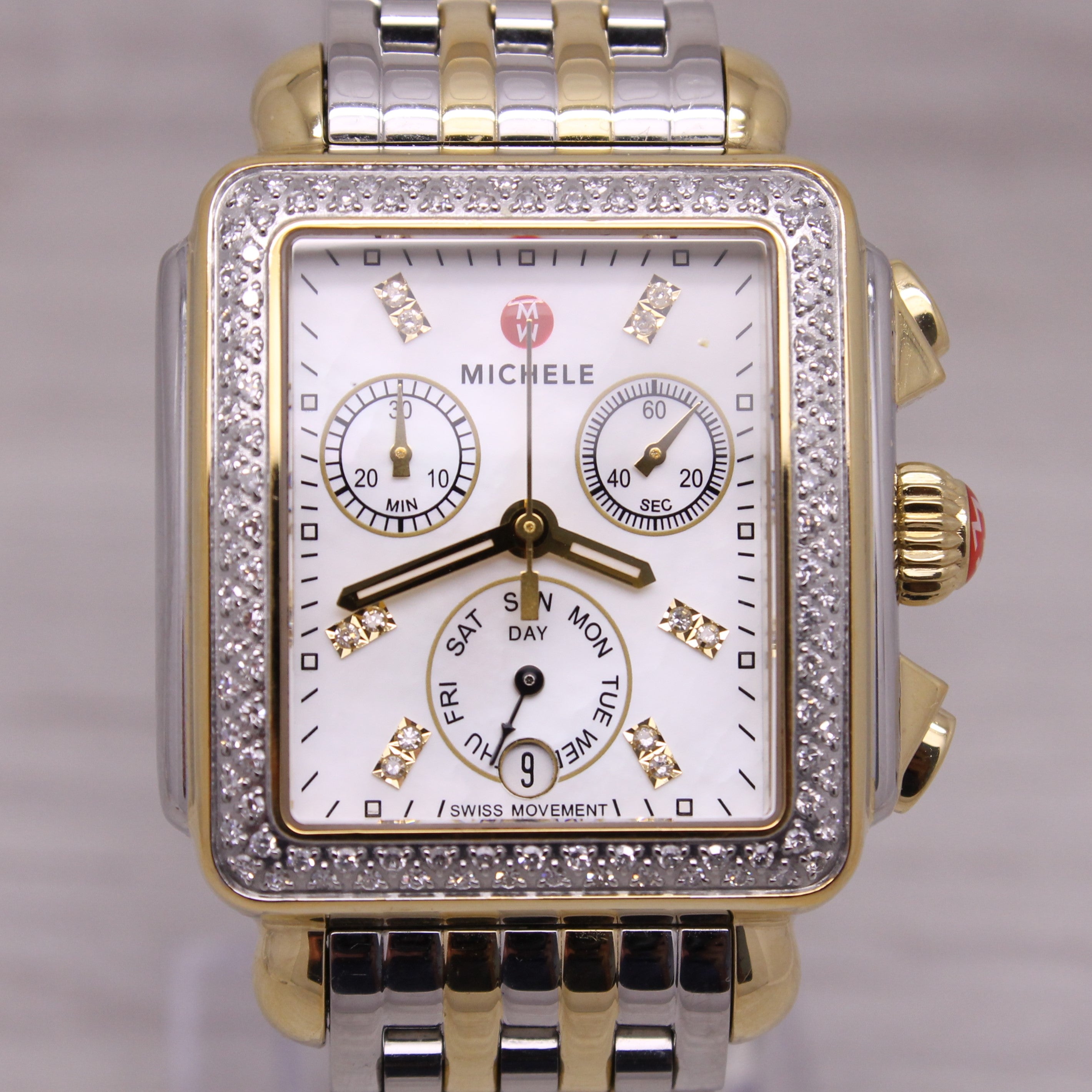 Rosy Brown Michele Ladies 2 Tone Quartz Chronograph Watch Diamond Bezel & MOP MW06P01C5046
