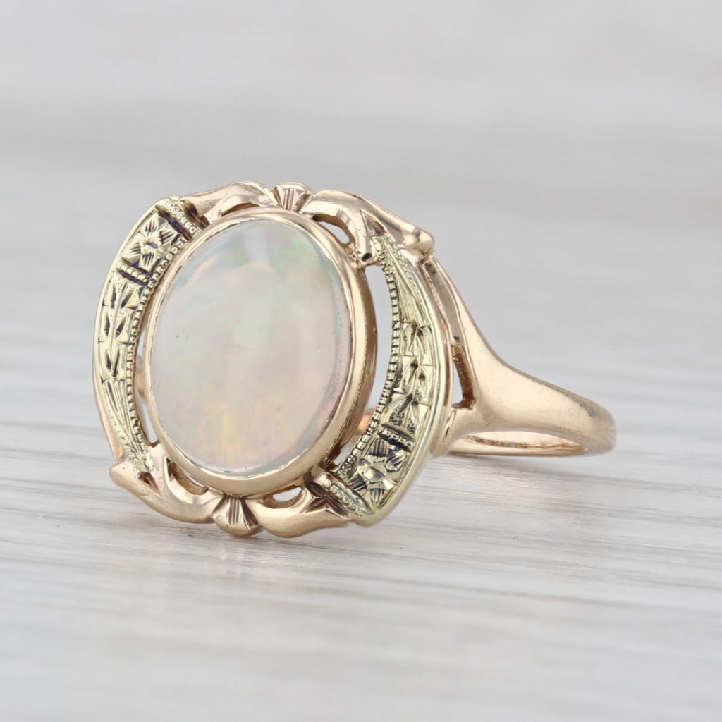 Vintage Oval Cabochon Opal Ring 10k Yellow Gold Size 8 Floral Etched