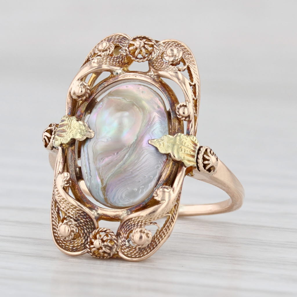 Antique Mother of Pearl Abalone Ring 9k Gold Ornate Filigree Size 4