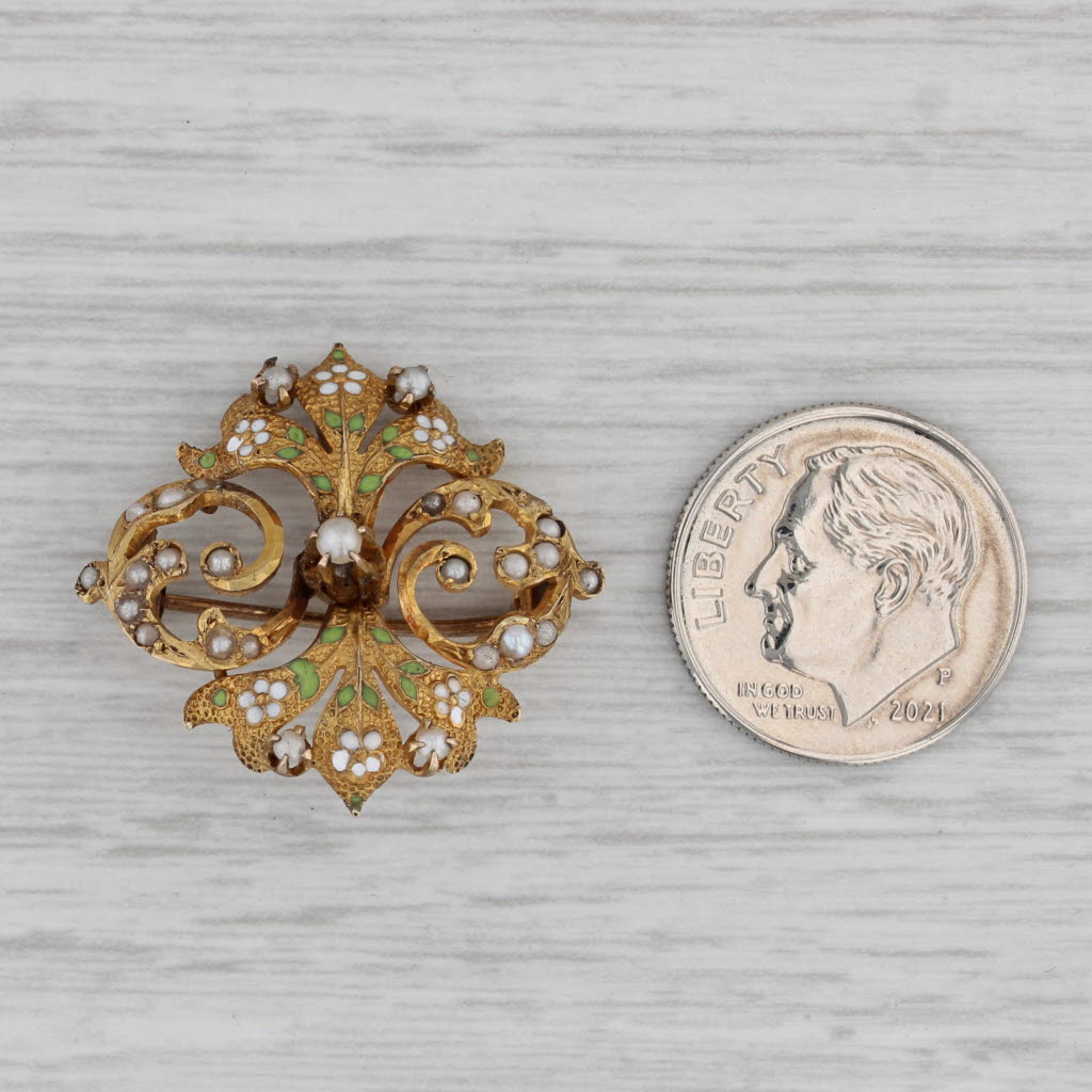 Gray Antique Floral Pearl Brooch Pendant 10k Yellow Gold Ornate Pin