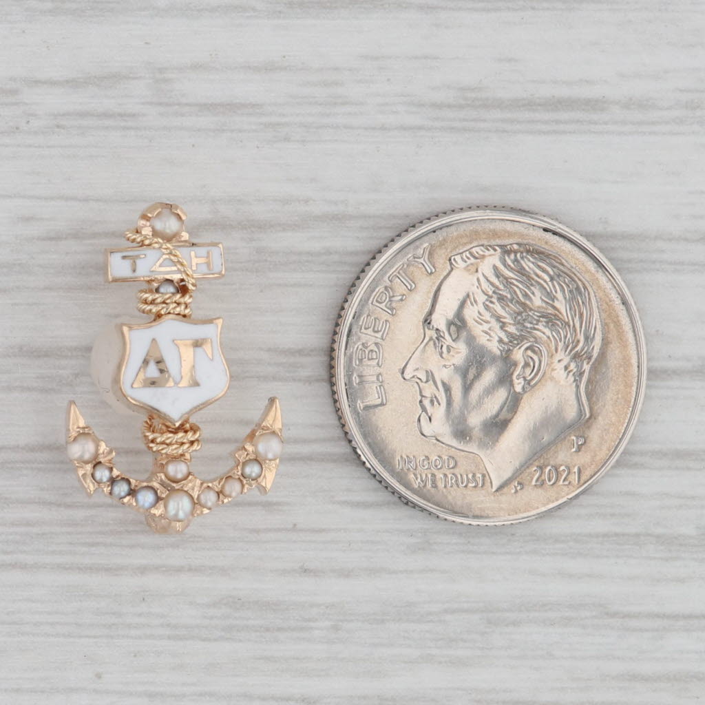 Gray Vintage Delta Gamma Sorority Anchor Badge 10k Yellow Gold Pearls Greek Pin